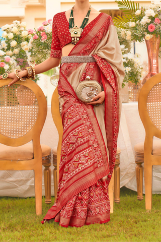 Beige & Red Banarasi Patola Silk Saree