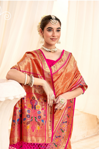 Orange Pure Paithani Tissue Silk With Zari Border Saree