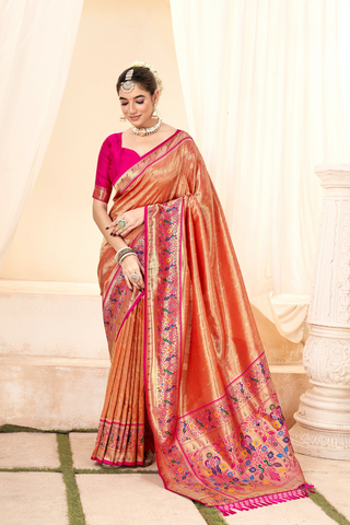 Orange Pure Paithani Tissue Silk With Zari Border Saree