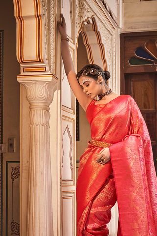 Red Handloom Weaving Silk With Zari Saree