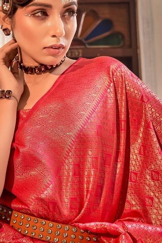 Red Handloom Weaving Silk With Zari Saree