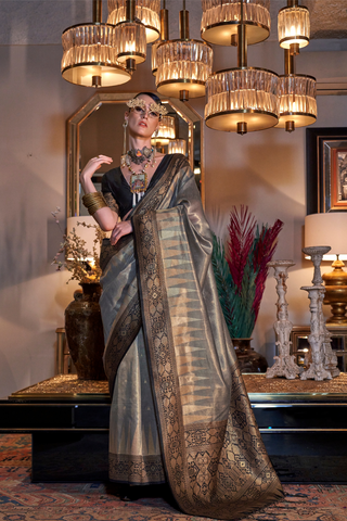 Grey Zari Handloom Weaving Silk Saree