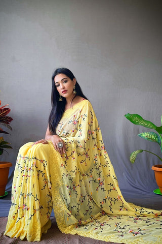 YELLOW GEORGETTE SILK SAREE