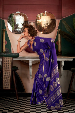 Violet Pure Satin Handloom Weaving Silk Saree