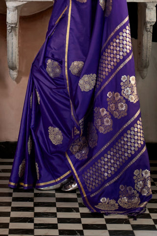 Violet Pure Satin Handloom Weaving Silk Saree