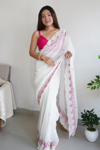 WHITE ORGANZA SILK SAREE