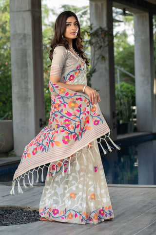 WHITE SOFT COTTON FLORAL JAMDANI SAREE