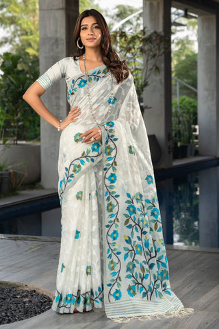 WHITE SOFT COTTON FLORAL JAMDANI SAREE