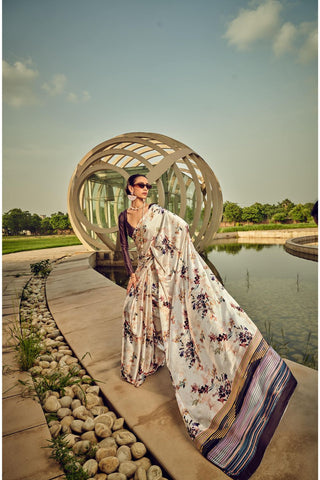 WHITE  PRINTED SATIN CREPE SAREE