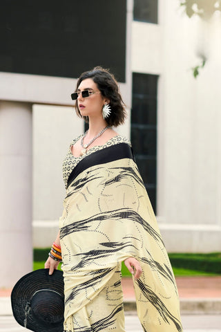 WHITE & BLACK SATIN SILK SAREE