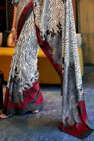 WHITE & GREY PRINTED JAPAN SATIN CREPE SAREE