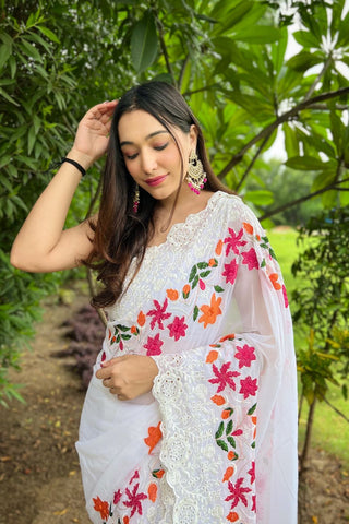 WHITE GEORGETTE SILK SAREE