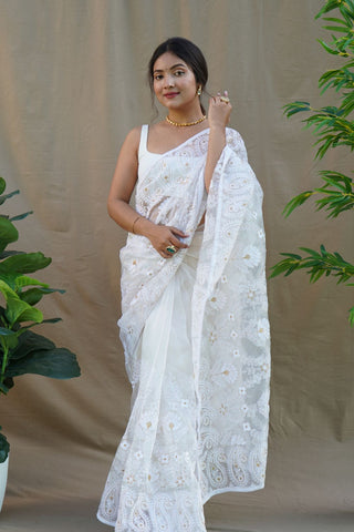 WHITE ORGANZA SILK SAREE