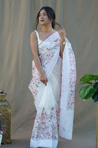 WHITE ORGANZA SILK SAREE