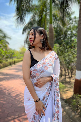 WHITE SIMMER SILK SAREE