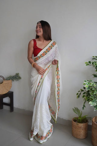 WHITE GEORGETTE SILK SAREE