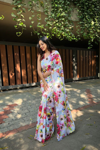 WHITE SATIN SILK SAREE