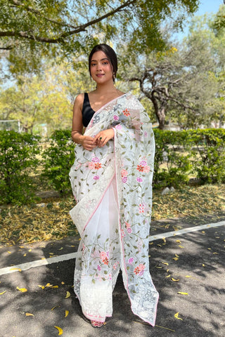 WHITE KANJEEVARAM ORGANZA SAREE