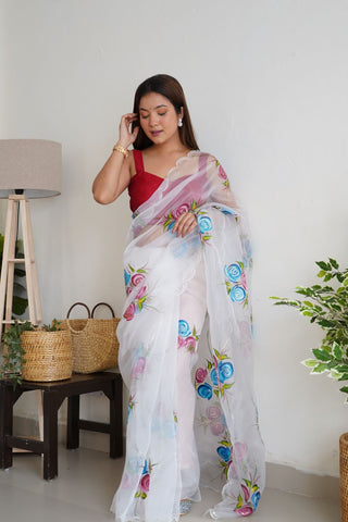 WHITE ECHIFFON SILK SAREE