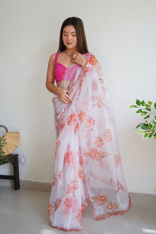 WHITE ORGANZA HANDWORK DIGITAL PRINT SAREE