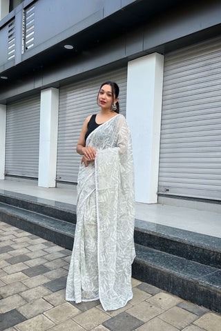 WHITE LUCKNOWI PRINT CHIFFON SILK SAREE