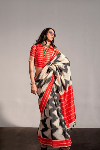 WHITE PRINTED AJRAKH HANDWOVEN SILK SAREE