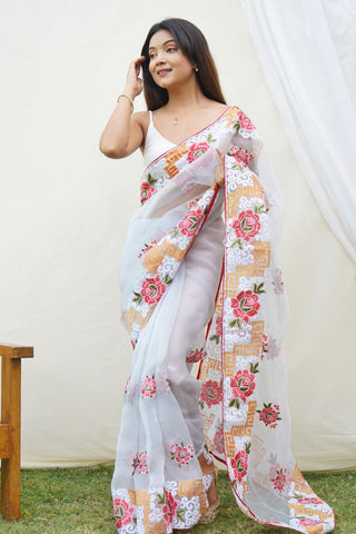 WHITE ORGANZA SILK SAREE