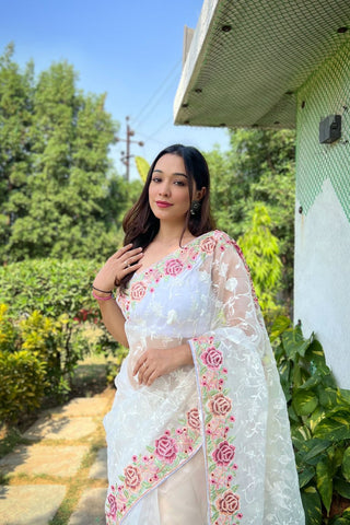 WHITE ORGANZA SILK SAREE