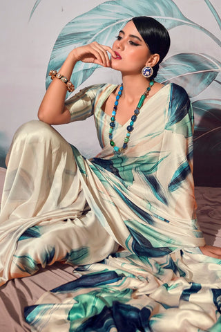 WHITE SATIN CREPE WITH DIGITAL PRINT SAREE