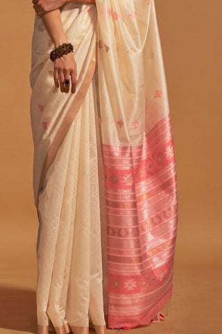 WHITE HANDLOOM WEAVING SAREE