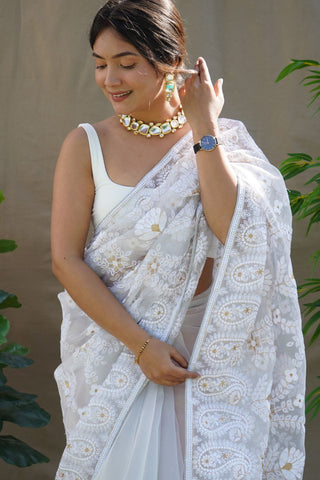 WHITE ORGANZA SILK SAREE