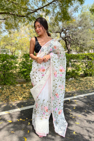 WHITE KANJEEVARAM ORGANZA SAREE