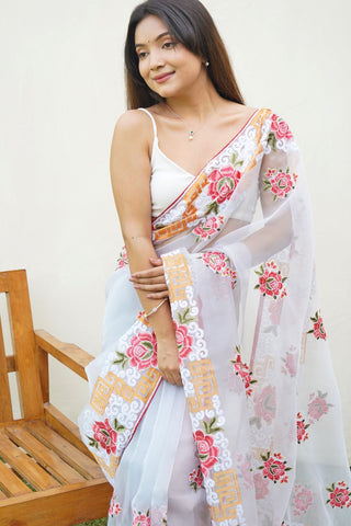 WHITE ORGANZA SILK SAREE