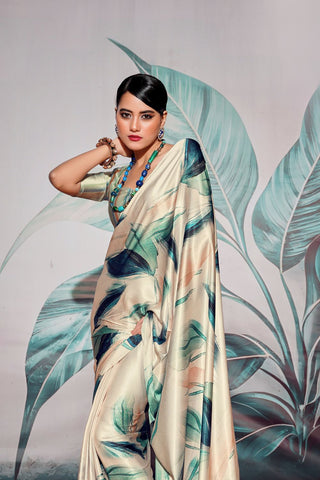 WHITE SATIN CREPE WITH DIGITAL PRINT SAREE