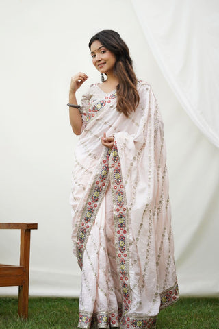 WHITE GEORGETTE SILK SAREE