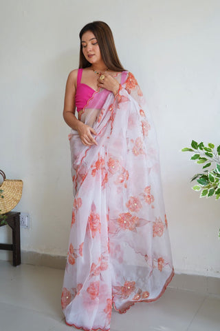 WHITE ORGANZA HANDWORK DIGITAL PRINT SAREE