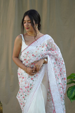 WHITE ORGANZA SILK SAREE