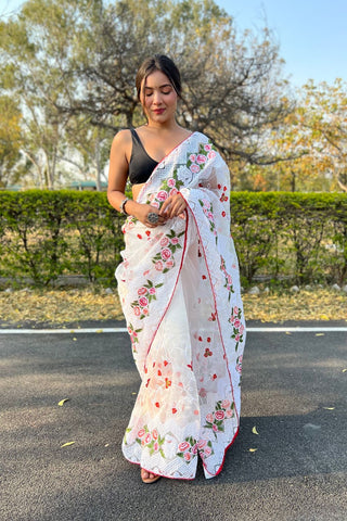 WHITE ORGANZA SILK SAREE