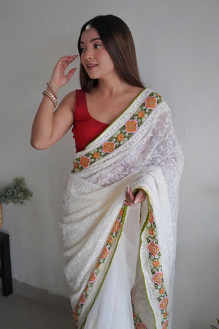 WHITE GEORGETTE SILK SAREE