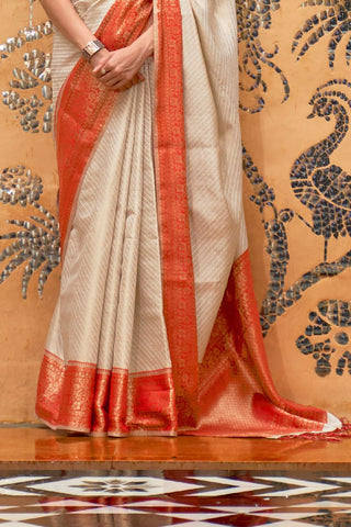 WHITE HANDLOOM WEAVING SILK SAREE