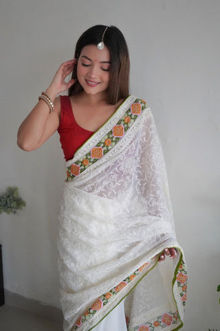 WHITE GEORGETTE SILK SAREE