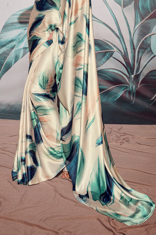 WHITE SATIN CREPE WITH DIGITAL PRINT SAREE