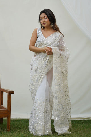 WHITE ORGANZA SILK SAREE