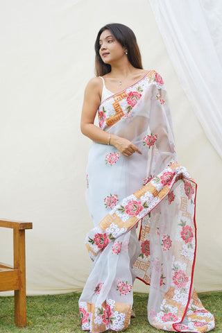 WHITE ORGANZA SILK SAREE