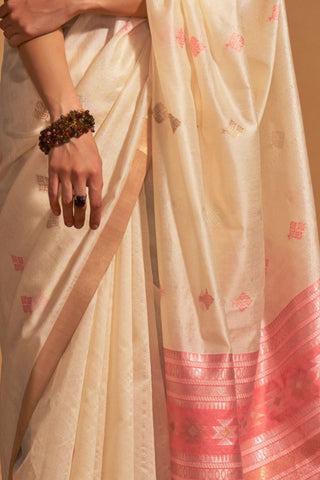 WHITE HANDLOOM WEAVING SAREE