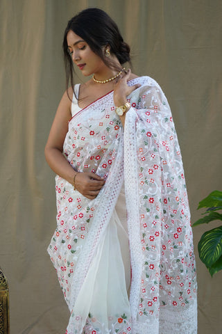 WHITE ORGANZA SILK SAREE