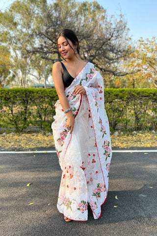 WHITE ORGANZA SILK SAREE