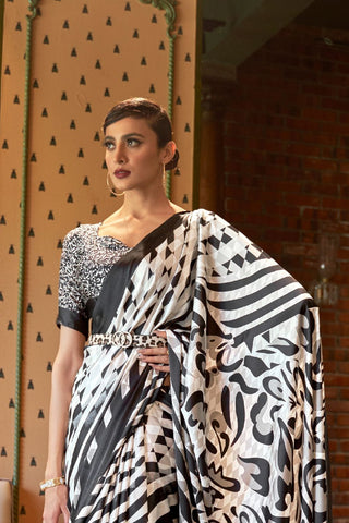 WHITE & BLACK PRINTED JAPAN SATIN CREPE SAREE