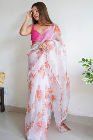 WHITE ORGANZA HANDWORK DIGITAL PRINT SAREE