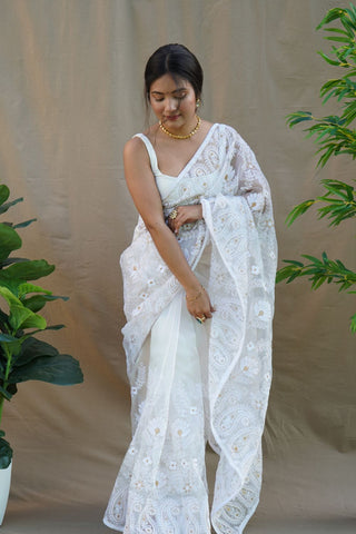 WHITE ORGANZA SILK SAREE